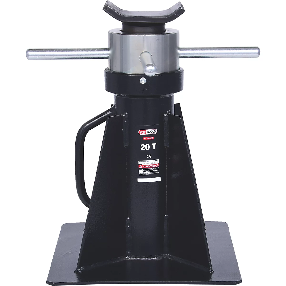 Schwarze, robuste 20T-Hebebühne. Metallkonstruktion, gekennzeichnet mit KS TOOLS. Inklusive Griff und Auflage.